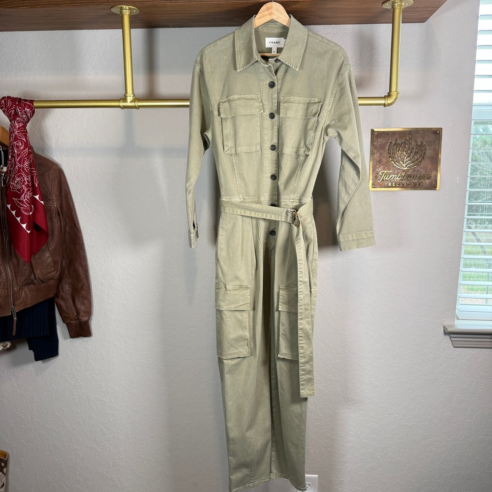 FRAME Washed Olive Green Utility Cargo Belted Jumpsuit BJMP999‎ Womens XS - Picture 3 of 10